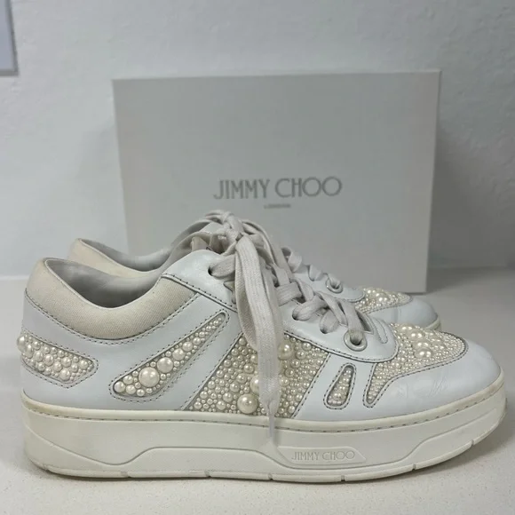 JIMMY CHOO Hawaii Calf Leather/ Canvas White Pearl Women’s Sneakers - Picture 3 of 8